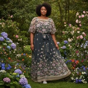 Vintage Maxi Dress Wms XL Black Floral Butterfly Flutter Sleeve Cottagecore 70s